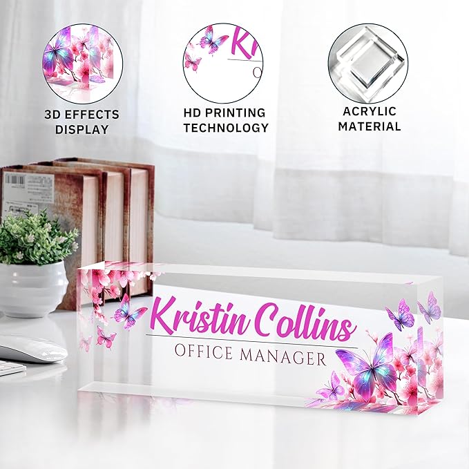 Custom Name Plate for Desk, Personalized Desk Name Plate on Clear Acrylic Glass, Appreciation Gifts for Teacher Employee Boss Coworkers Nurse, Office Desk Accessories for Women Men (Bubblegum)