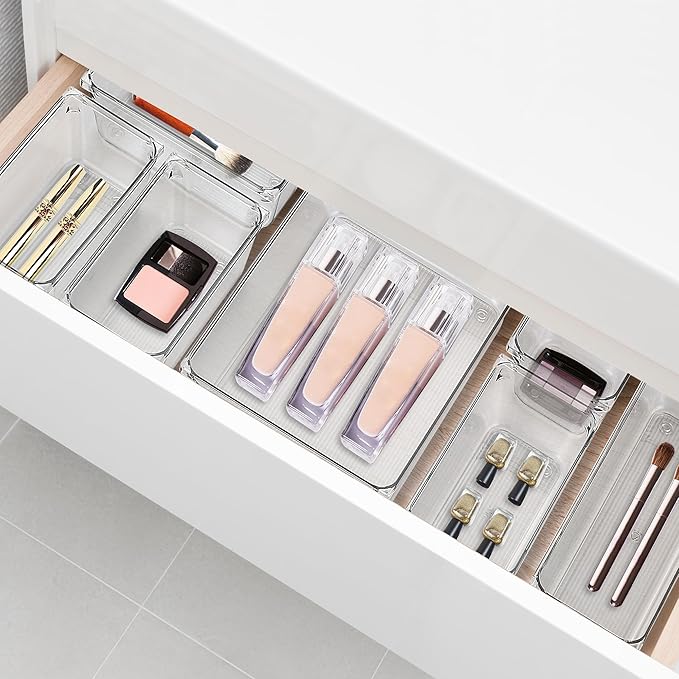12 Pack Drawer Organizer - 3" X 9" Clear Acrylic Storage Bins with Non-Slip Pads, Versatile Desk Tray for Makeup, Jewelry, Kitchen, Bathroom, and Office Organization