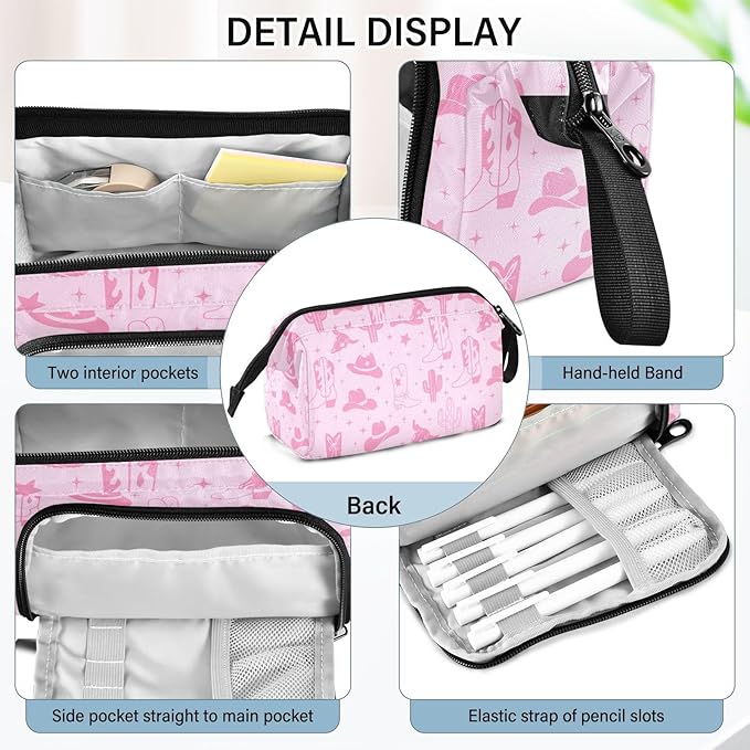 Western Cowboy Pink Pencil Case Pouch Big Capacity Pencil Bag Box Organizer Pen Case Pencil Pouch Aesthetic with Handle for Teen Girls Boy College Women School