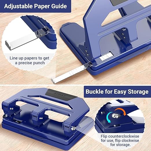 AFMAT 3 Hole Puncher Heavy Duty, 40-Sheet Heavy Duty Three Hole Punch, 50% Reduced Effort Paper Punch, 10K+ Uses, Metal Hole Puncher 3 Ring w/Large Tray, Bulit-in S.S. Paper Guide, Blue