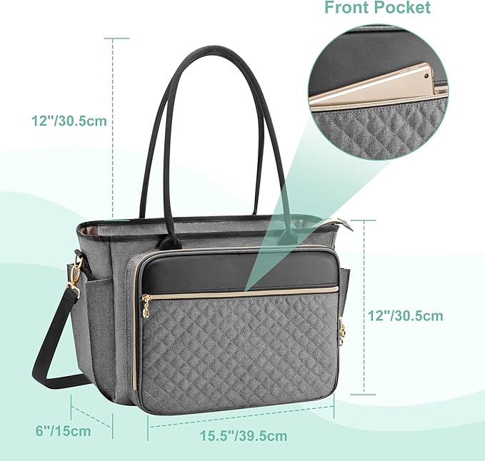 LUXJA Teacher Tote Bag with Accordion File Pocket, Teacher Bag for Women with 15.6 Inch Laptop Compartment, Gray