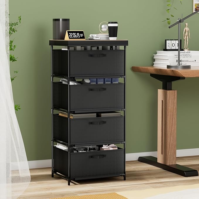 Dresser with 4 Fabric Drawer Stand Desktop Sturdy Metal Plastic Support Tube Cube Storage Cabinet for Bedroom Organization Dorm Front Hall Entryway
