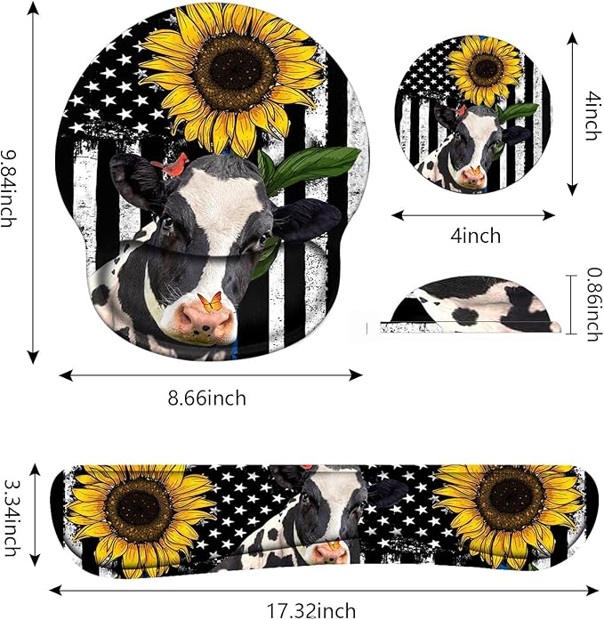 Keyboard Wrist Rest and Mouse Pad Wrist Support Set with Coasters, Ergonomic Gaming Mousepad for Home Office Working Studying Easy Typing & Pain Relief, American Flag Sunflower and Cow