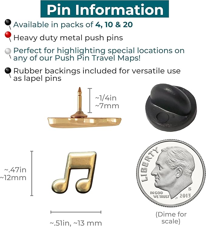 Music Note Push Pins - Gold Musical Note Map Pins for Cork Boards, Maps, or Lapel Use - Designed in USA - Set of 20