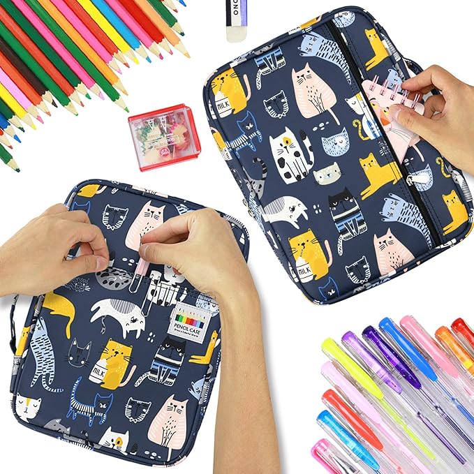 YOUSHARES Colored Pencil Case 220 Slots Pen Case Organizer With Handy Wrap & Zipper, Multilayer Holder for Prismacolor Colored Pencils & Gel Pen (Sports Cat)