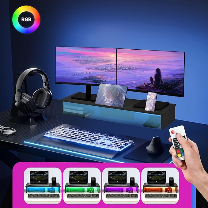 Dual Monitor Stand Riser with LED Lights and Phone Tablet Holder, 35.8in Large Monitor Stand for Desk, Computer Monitor Stand for 2 Monitors, Desktop Shelf Organizer for Laptop, Printer, TV