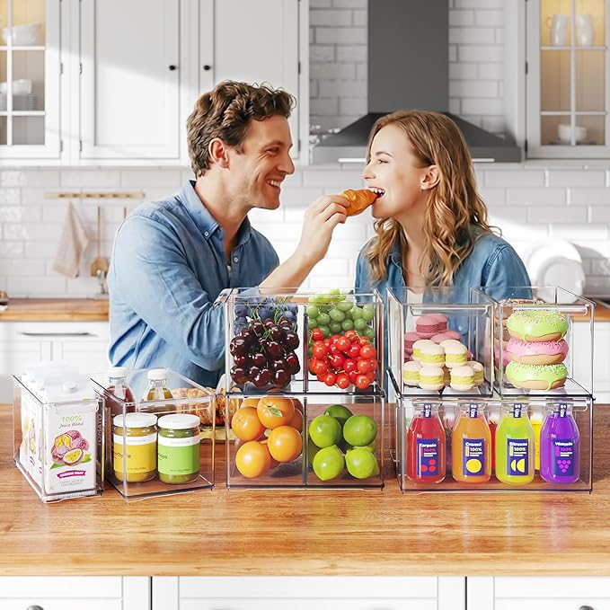 Clear Plastic Storage Bins 6 Pack, Stackable Storage Containers with Dividers, Tall 6" Thicken Storage Drawer Organizer Boxes for Pantry Kitchen Cabinets Fridge Vanity Makeup Craft C6-3