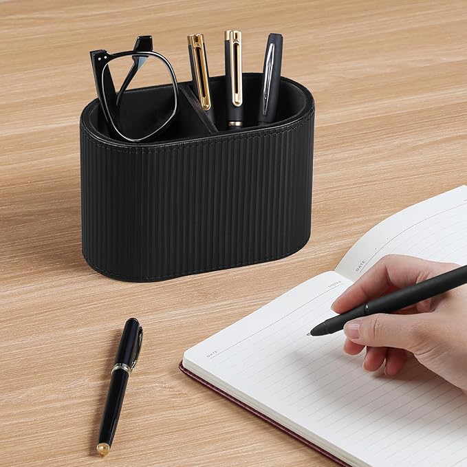 PU Leather Pen Holder for Desk, Small Remote Control Holder Pencil Cup Multifunctional Desktop Organizer Caddy for Home School Office Desk Accessories - 2 Compartments (Black Ribbed Texture)