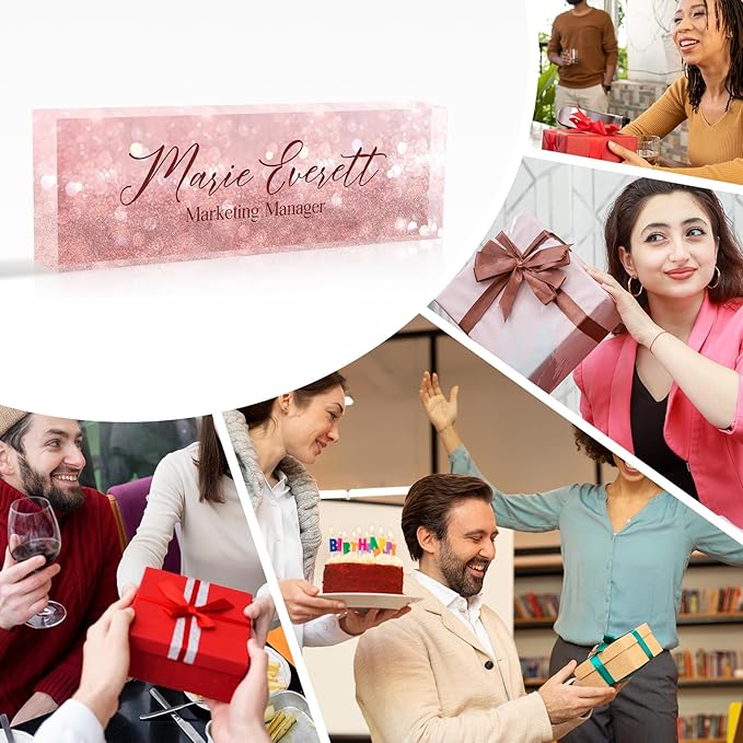 Personalized Name Plate for Desk Custom Acrylic Desk Name Plate Custom Employee Appreciation Gifts Office Gifts for Women, Men, Boss, Coworkers, Teacher, Nurse (B-Pink Crystal)