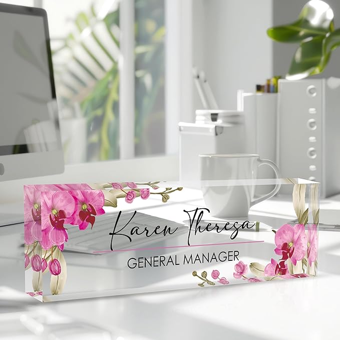 Personalized Desk Name Plate - Acrylic Accessory (Pink Butterfly Orchid)