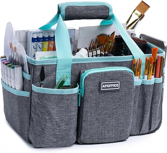 Art Supply Organizer Tote Bag – Craft Caddy with Handle, Utility Storage Tote with Multiple Pockets & Adjustable Divider for Sewing, Scrapbooking, School, Office, Medical Supplies
