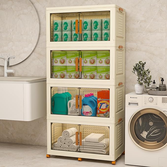 Plastic Stackable Storage Bins with Lids and Wheels, 720QT-180QT*4Tier Foldable Closet Organizers and Containers, Collapsible Clear Drawer Storage Cabinet with Doors Ivory White