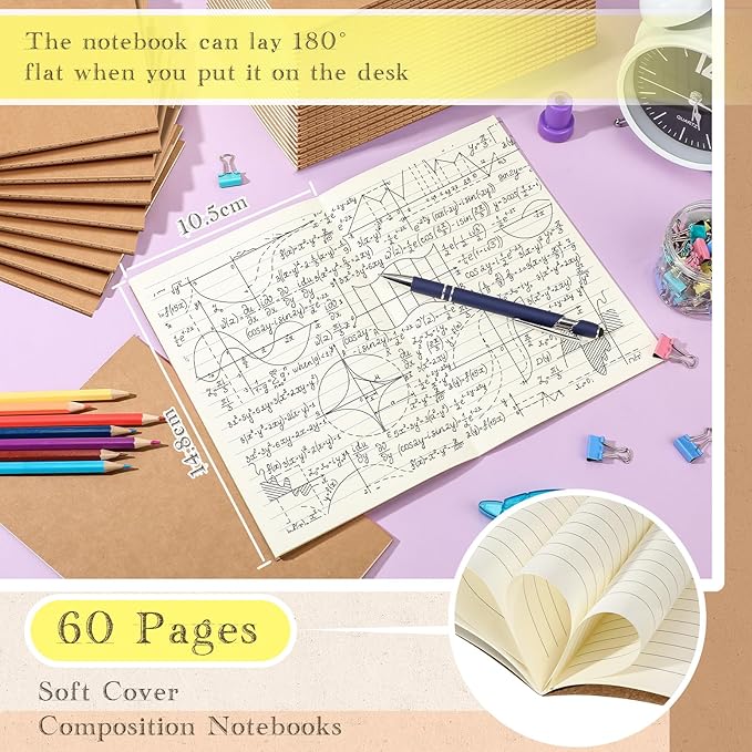 Handepo 100 Pack Composition Notebooks A5/A6 Ruled Lined Composition Kraft Notebooks Bulk Soft Cover Journals Travel Diary Memo for Students Classroom Office Supplies(A6,Kraft Color)