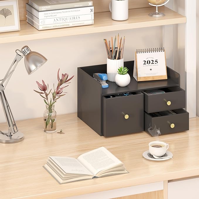 Bamboo Desk Organizer with Drawers Wooden Desktop Storage Organization Box for Bills Office Supplies Kitchen Utensils Organizing Tool for Home Classroom Vanity, No Assembly Required (3 Drawer, Black)