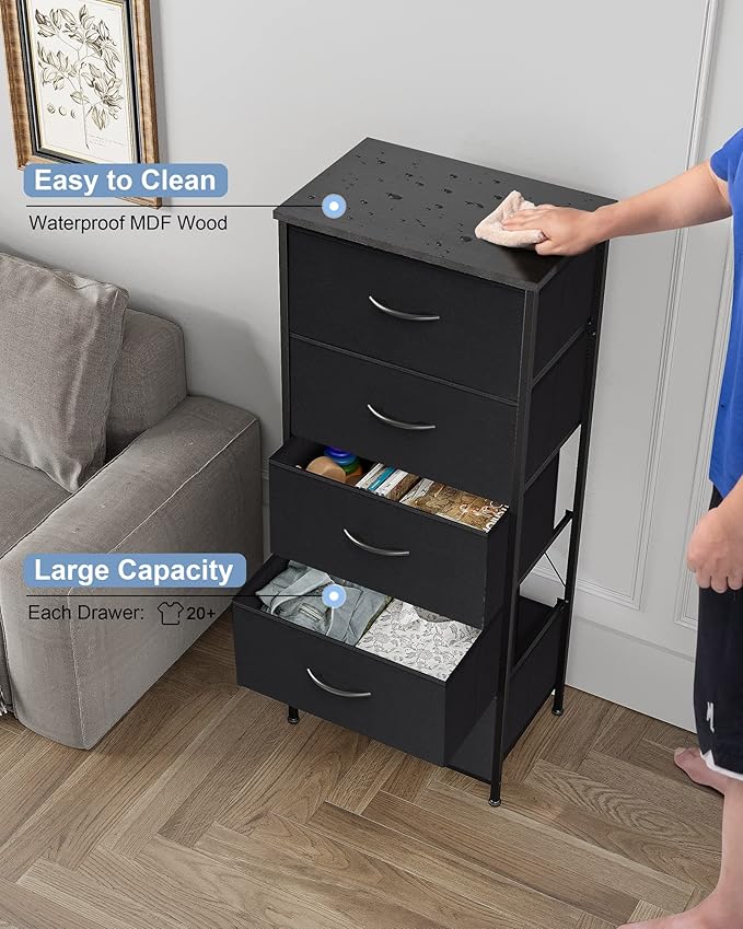 Crestlive Products Vertical Dresser Storage Tower - Sturdy Steel Frame, Wood Top, Easy Pull Fabric Bins - Organizer Unit for Bedroom, Hallway, Entryway, Closets - 5 Drawers(Black)