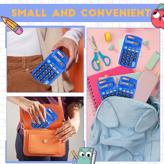 12 Packs Pocket Size Mini Blue Calculator Basic Calculators for Handheld Angled Students 8 Digit Display Solar Battery Dual Power Small Calculator for Students Kids Home Office
