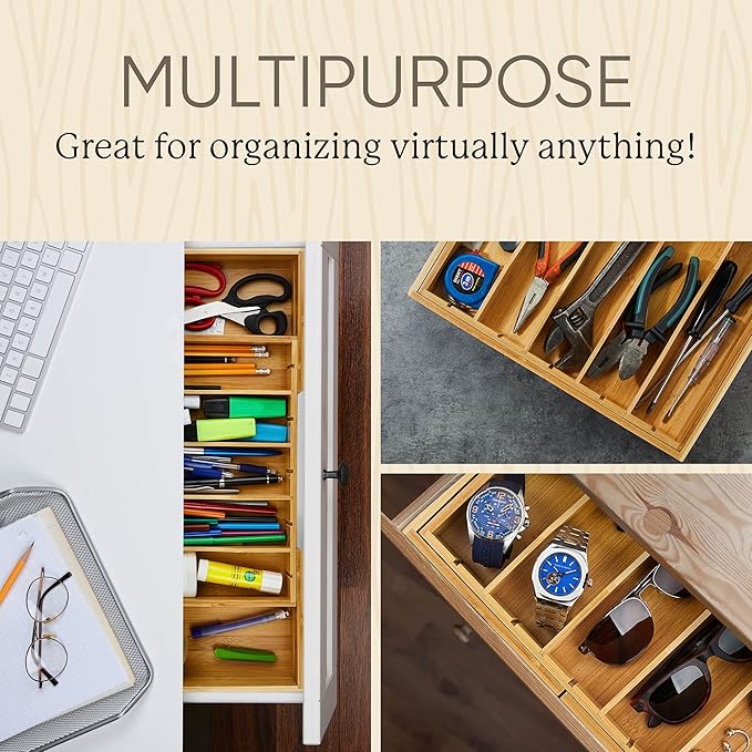 Night Tree 2.5” Extra Deep Silverware Drawer Organizer with Adjustable Dividers – Expandable Bamboo Flatware Tray for Kitchen, Reinforced Wood Cutlery Holder (14"-21.6" Wide)