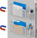 JANE EYRE Magnetic File Holder - 2pcs Hanging File Organizer Magazine Document Paper Holders with 2pcs Pen Holders for Classroom Cabinets Office,No Drilling(WHITE)