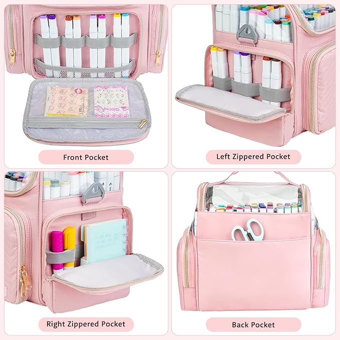 Large Marker Organizer Case for 200-300 Markers,Travel Marker Storage Bag with Dividers and 4 Pockets,Marker Organizer Holder for Paint Brushes,Colored Pencils and Other Art Supplies,Bag Only,Pink