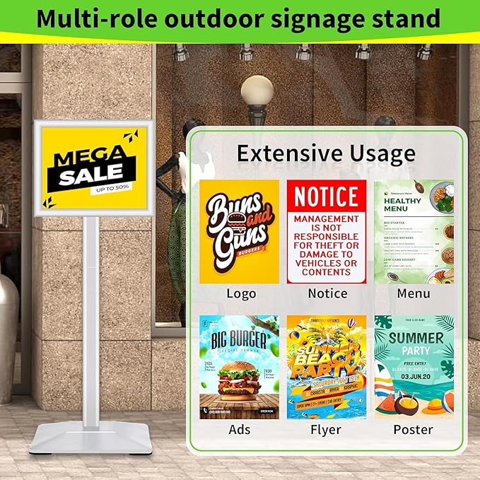 Heavy Duty Adjustable Pedestal Poster Sign Stand, 8.5x11 Aluminum Open Floor Standing Sign Holder for Vertical and Horizontal View Display (8.5x11,Silver)