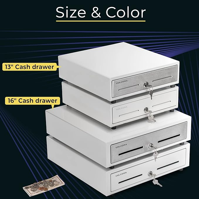 Volcora 13" Cash Register Drawer for Point of Sale (POS) System with Fully Removable 2 Tier Cash Tray, 4 Bill/5 Coin, 24V, RJ11/RJ12 Key-Lock, Double Media Slot, Small Money Drawer, White