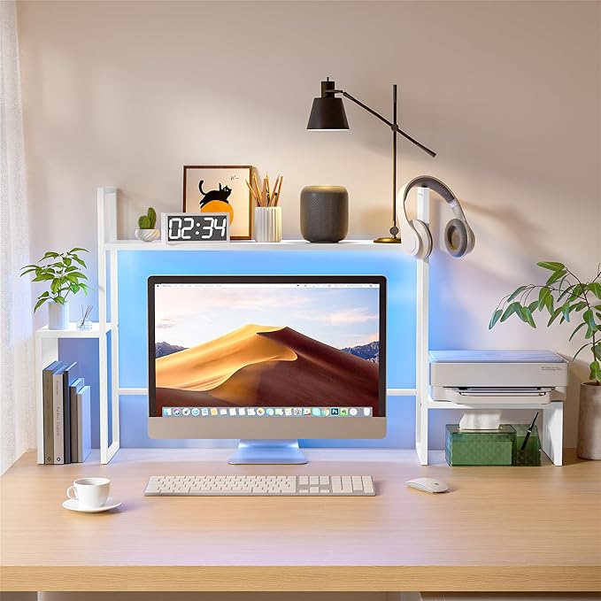 WelFurGeer LED Desk Shelf Organizer with RGB Light Strip, 2-Tier Desktop Shelf for Computer Monitor, Sturdy Metal Frame & Wood Shelves - Desk Hutch Bookshelf for Home Office, Dorm, Gaming (White)