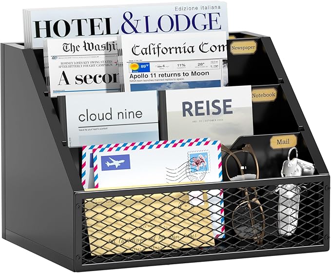 Mail Organizer Countertop,Wooden Mail Holder,4 Slot Letter Holder for Desktop,Vintage Desk Orgaizer for Fill,Bill (Black)