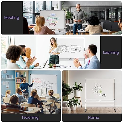 VUSIGN Rolling Dry Erase Board, 48 x 36 Inches Double-Side White Board on Wheels, Height Adjust Mobile White Boards, Large Portable Whiteboard with Stand for Office, Classroom & Home