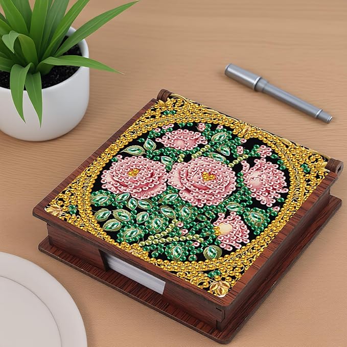 Wooden DIY Rose Diamond Art Notecard Box – DIY Gem Art Sticky Note Holder for Adults 160 Sheets Memo Pad Storage Desk