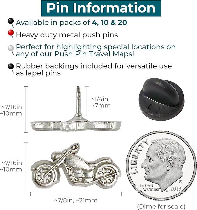 Motorcycle Push Pins - Silver Metal Motorcycle Pins - for Cork Board, Maps, or Lapel Pin Use - Designed in USA - Set of 4