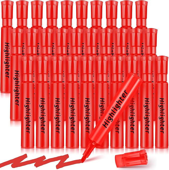 Qilery 30 Pack Highlighters Bulk, Tank Style Chisel Tip Highlighters Markers Pack Quick Drying for Adult Coloring, Home Office Supplies (Red)