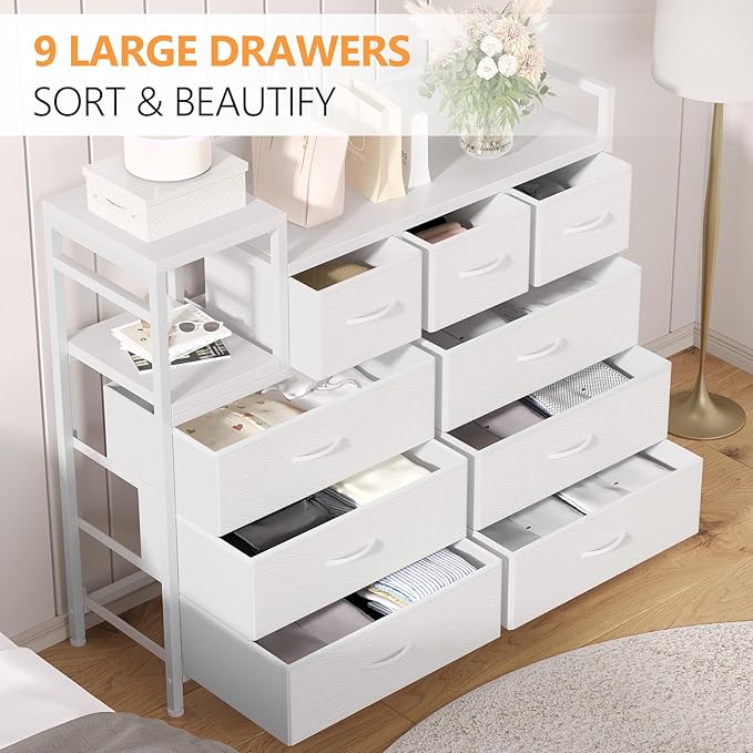 Jojoka 9 Drawer Dresser TV Stand with Charging Station,Modern Entertainment Center for Living Room & Bedroom with Power Outlets, Open Storage Shelves, White