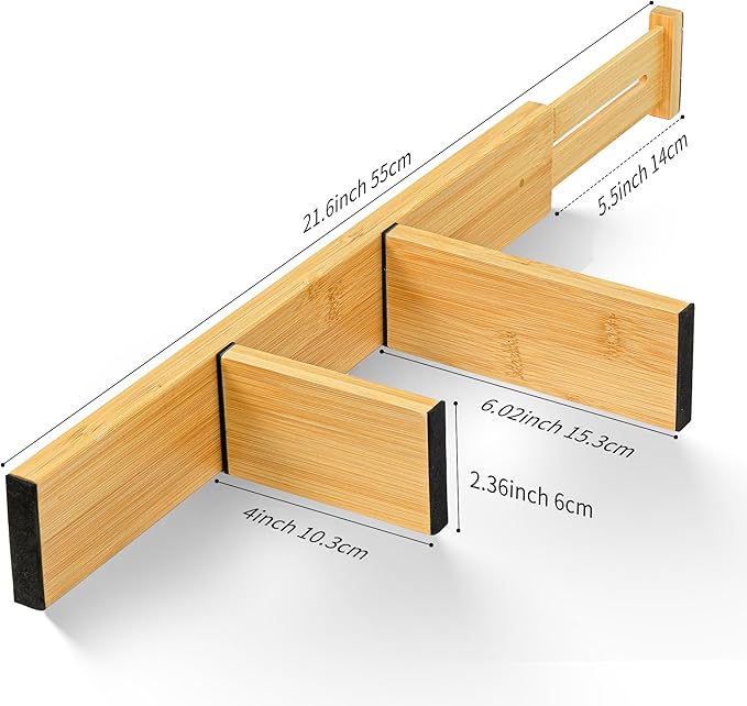 Adjustable Bamboo Drawer Dividers with Inserts, Expandable Spring-Loaded Drawer Organizer for Kitchen, Clothes, Tools, Silverware, Bamboo Organizer Separators - 6 Large Pieces