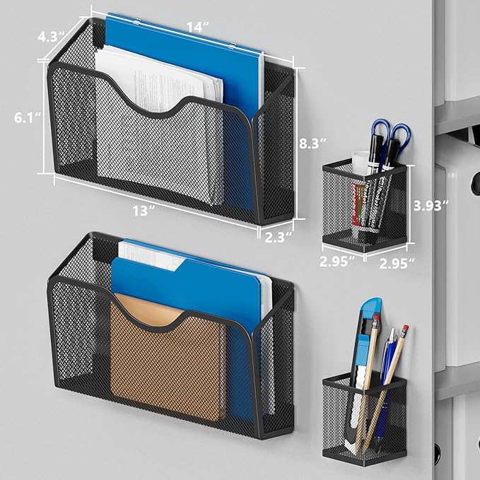 JANE EYRE Magnetic File Holder - 2pcs Hanging File Organizer Magazine Document Paper Holders with 2pcs Pen Holders for Classroom Cabinets Office,No Drilling(BLACK)