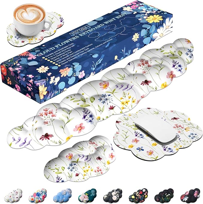 JIKIOU JIKIOU Cloud Wrist Rest Keyboard, Cloud Keyboard Wrist Pad Set with Comfortable Cloth, Cute Arm Rest for Palm Support, PC/Gaming Desk Accessories/Office Setup/Computer White Flowers