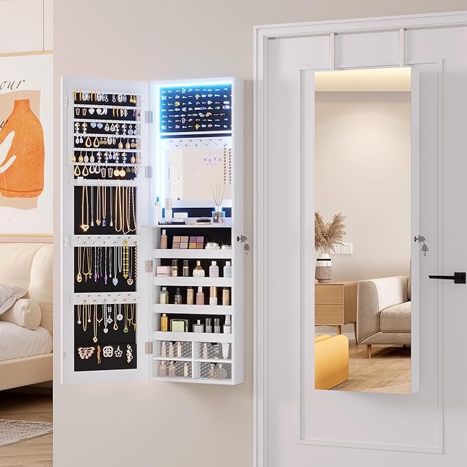 Vlsrka 47.2" LED Jewelry Mirror Cabinet, Wall/Door Mounted Jewelry Armoire Organizer with Full Length Mirror, Large Storage Hanging Cabinet, 4 Drawers, 5 Shelves (White)