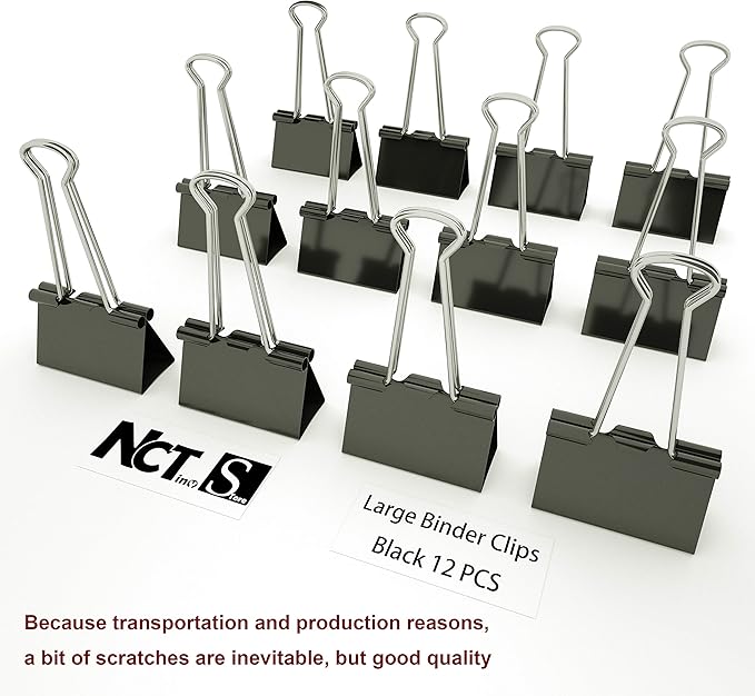 Nctinystore Binder Clips Large Metal Clamp 2 inch / 50 mm (Black, 12-PCS)