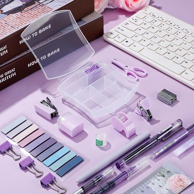 Colarr Mini Office Supply Kit Includes Stapler Tape Dispenser Staple Remover Paper Clips Scissor Staples Pen Sharpener Note Small Telescopic Knife for Office and School Clerk Student (Purple)