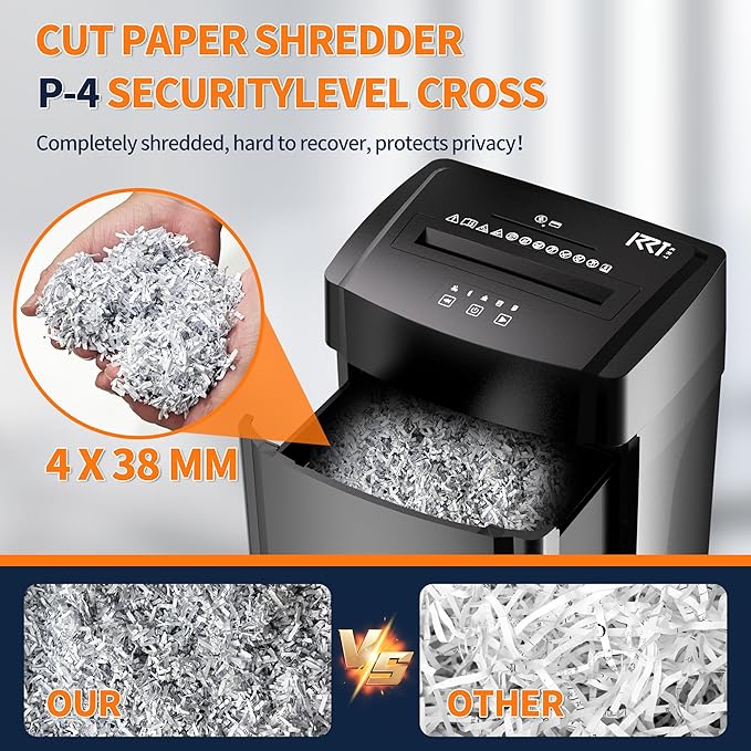 KRT Ultra-Quiet Paper Shredder 38dB,30 Min Run Time,15 Sheet Cross-Cut (4x38mm) for Office/Home,8 Gal Pullout Bin with Casters,Shreds CDs/Credit Cards,Anti-Jam Technology,Black