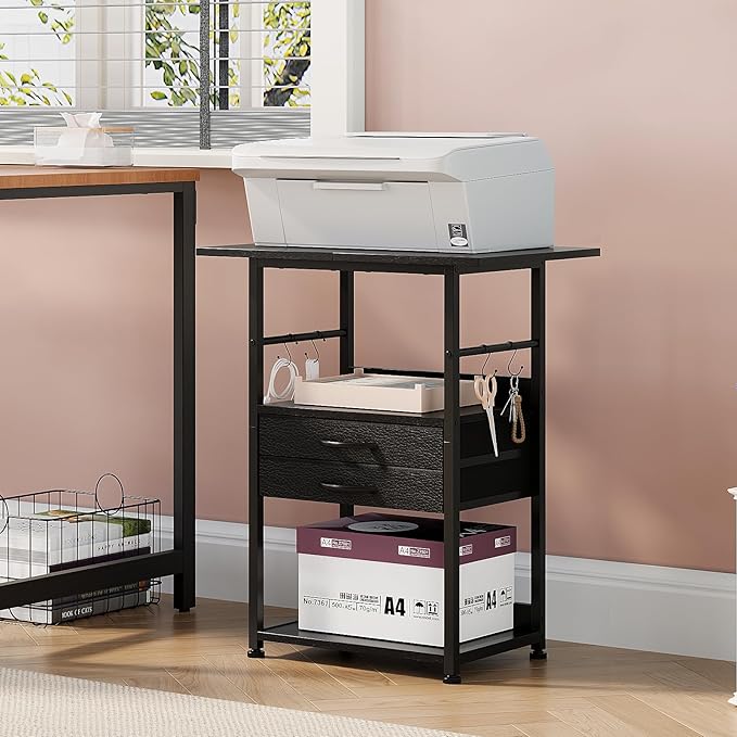 Large Printer Stand with Storage Fabric Drawer Under Desk Printer Table with Wheels for Home Office, Printer Cart fit Fax Machine Scanner (Black, 3 Tiers)