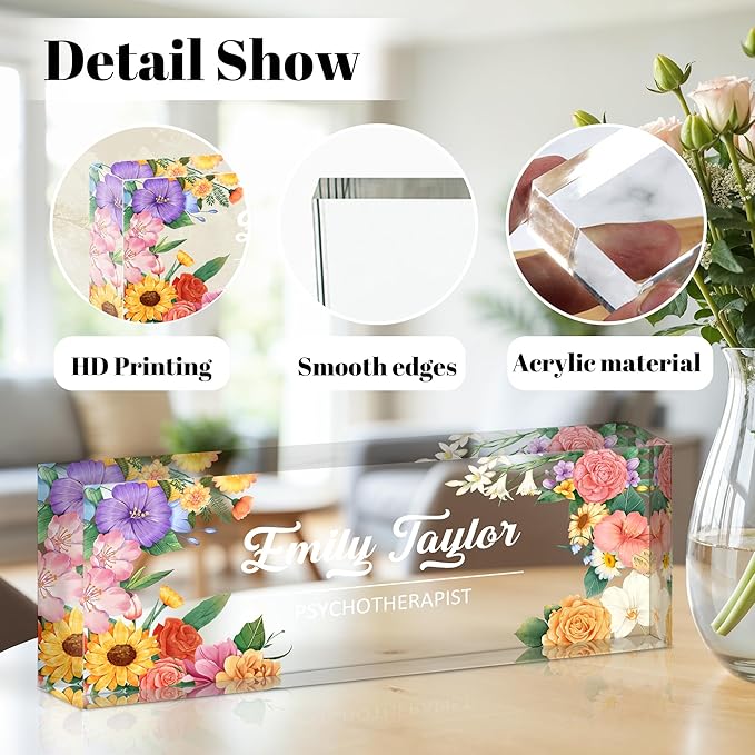 Personalized Name Plate for Desk, Custom Acrylic Desk Name Sign, Office Appreciation Gifts for Women Men Coworkers Boss Teacher Employee (Flower)