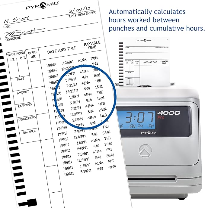 Pyramid Time Systems - Model 4000 Pro Auto Totaling Time Clock [ 4000PROK ] for Small Business, Bundle Includes: 125 Time Cards,2 Ink Ribbon cartridges, 1 Ten Time Card Rack, 2 Security Keys
