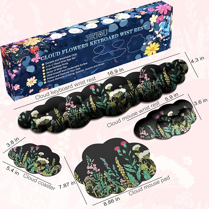 JIKIOU Cloud Wrist Rest Keyboard, Cloud Keyboard Wrist Pad Set with Comfortable Cloth, Cute Arm Rest for Palm Support, PC/Gaming Desk Accessories/Office Setup/Computer Hand Cushion Wild Flowers
