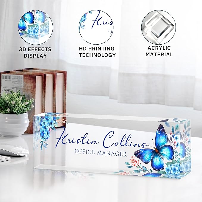 Custom Name Plate for Desk, Personalized Desk Name Plate on Clear Acrylic Glass, Appreciation Gifts for Teacher Employee Boss Coworkers Nurse, Office Desk Accessories for Women Men (Azure)