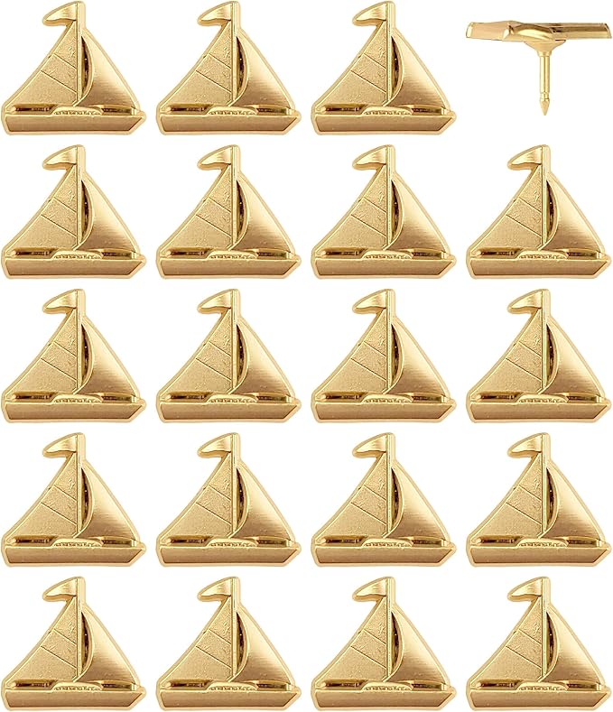 Sailboat Push Pins - Gold Sailing Pins - for Cork Board, Maps, or Lapel Pin Use - Designed in USA - Set of 20
