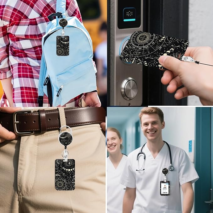 2 Pack Sun and Moon ID Badge Holder with Heavy Duty Retractable Reel Keychain for WomenStudents,Teachers, Nurses, Office Use