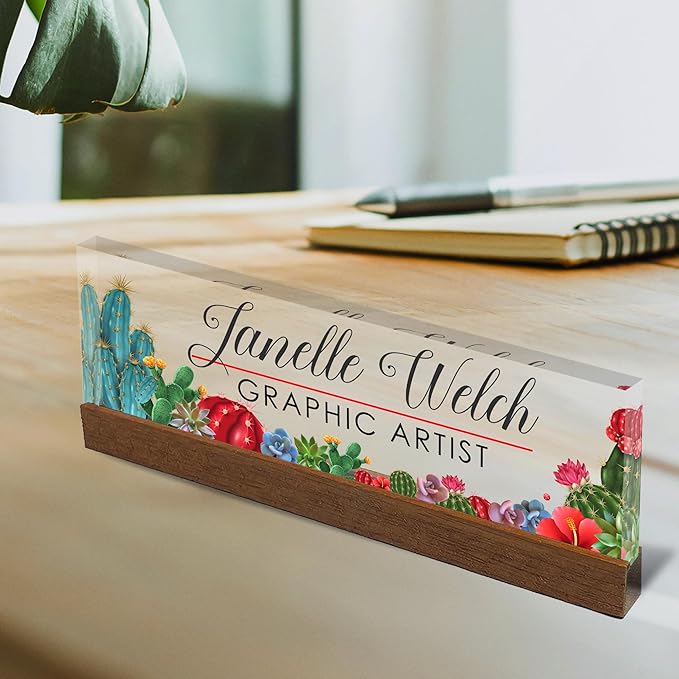 Artblox Personalized Office Desk Name Plate and Business Card Holder | Clear Acrylic Glass with Teak Wood Stand | Cactus Flowers Design Customized with Your Name and Credentials Office Desk Décor