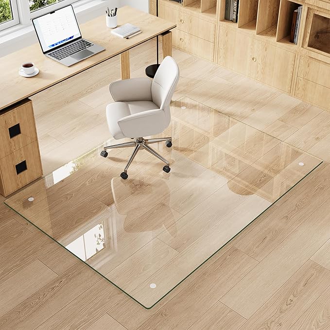 Tempered Glass Chair Mat for Carpet & Hard Floor, 40"x48" Office Chair Mat - Heavy Duty & Scratch Resistant, Non-Slip Pads, Rounded Corners & Polished Edges