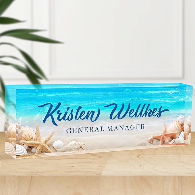 Personalized Office Name Plate, Custom Name Plate for Desks, Office Desk Decorations Gift for Women Men, Acrylic Desk Name Plate for Teacher Coworkers Staff Boss (Beach Date)