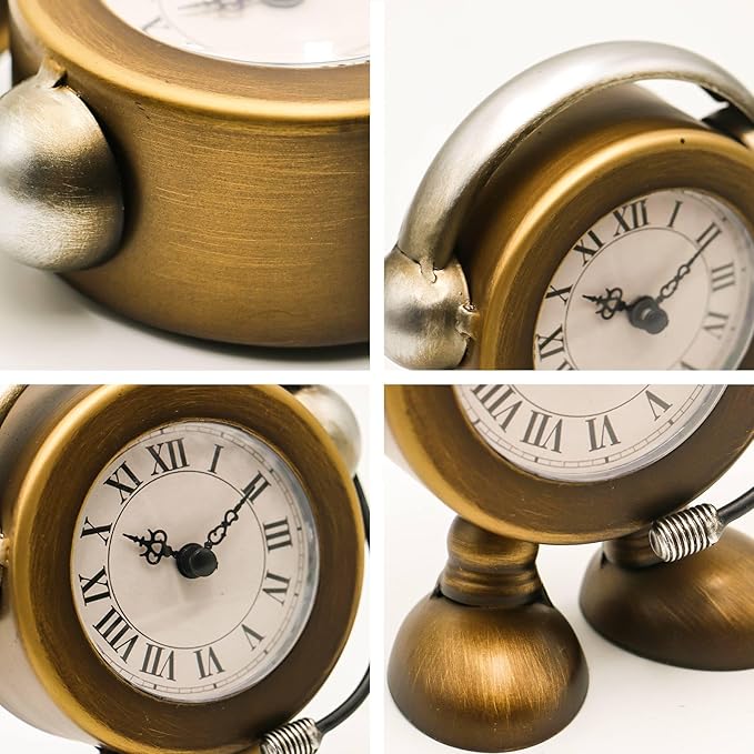 YOUKI Vintage Robot Table Clock on Stand, Decorative Desk and Shelf Clock, Rustic Mantel Farmhouse Silent Non-Ticking,Battery Operated Table Top for Living Room,Musical Gift,Metal